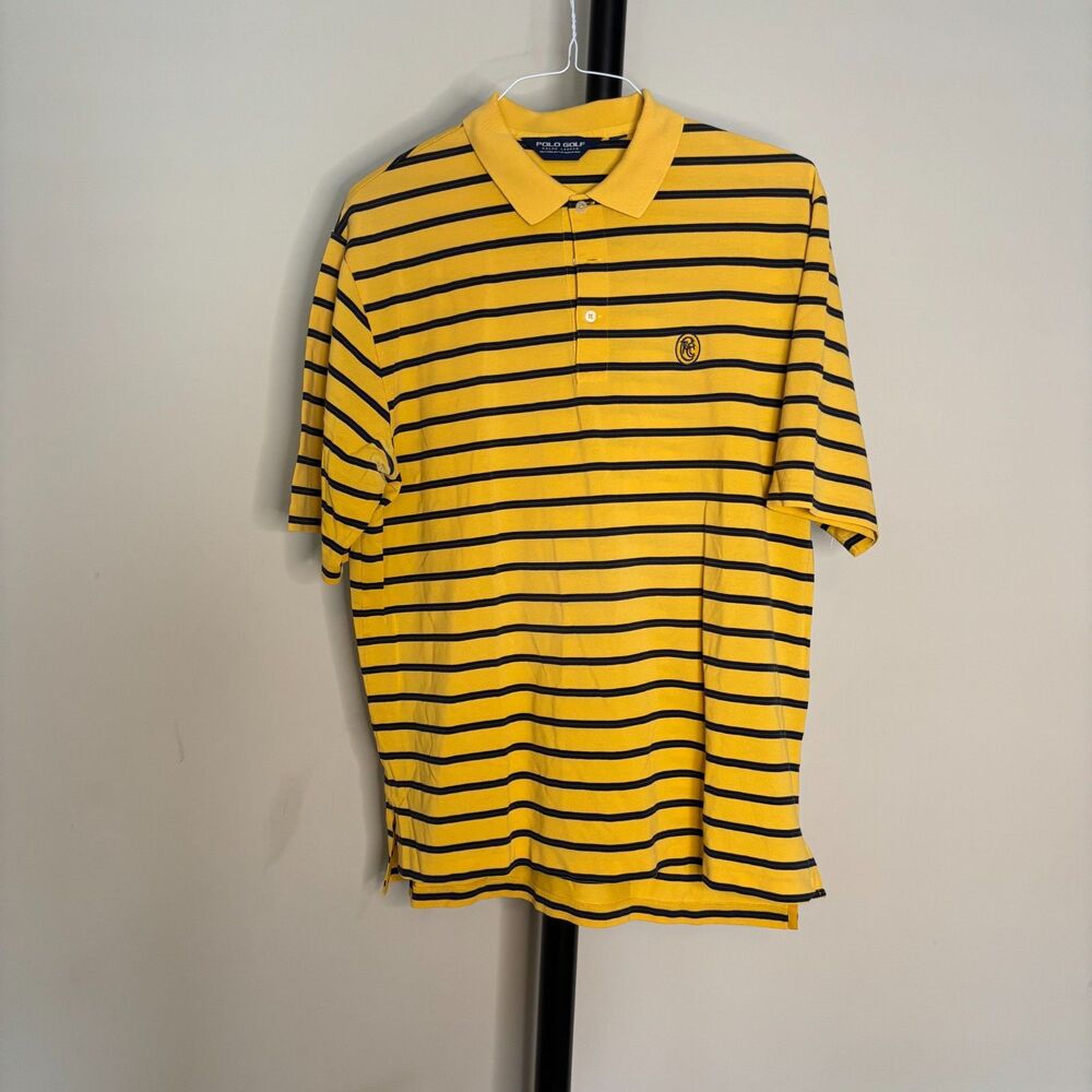 Polo Golf Ralph Lauren Men's Large Yellow Navy Stripe Pima Cotton Polo Shirt